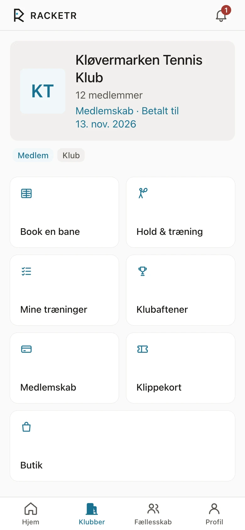 Klubsiden: book en bane, hold, klubaftener, medlemskab og klippekort